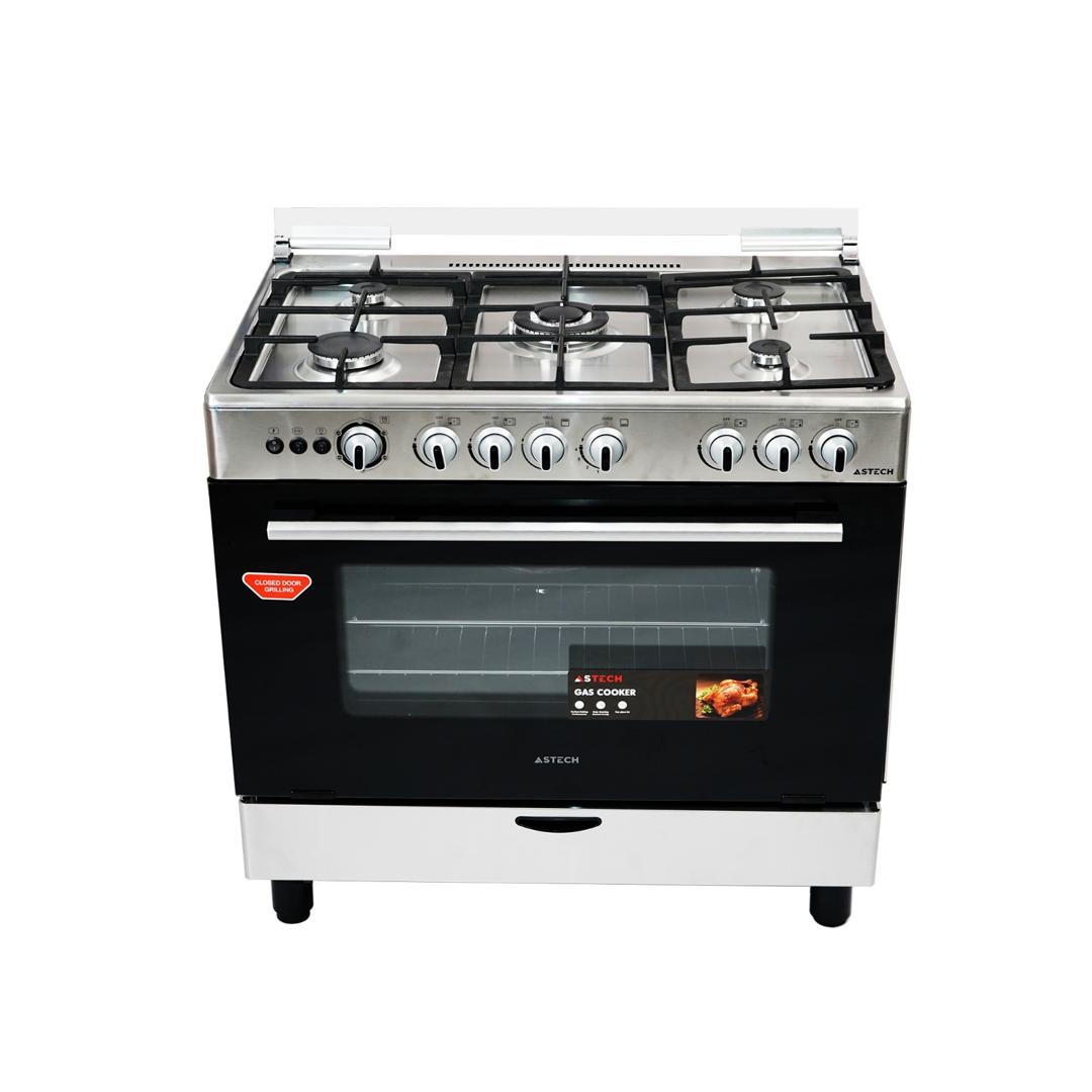 CUISINIERE ASTECH 5FEUX 90X60+FOUR A GAZ FULL OPTION GRIS V